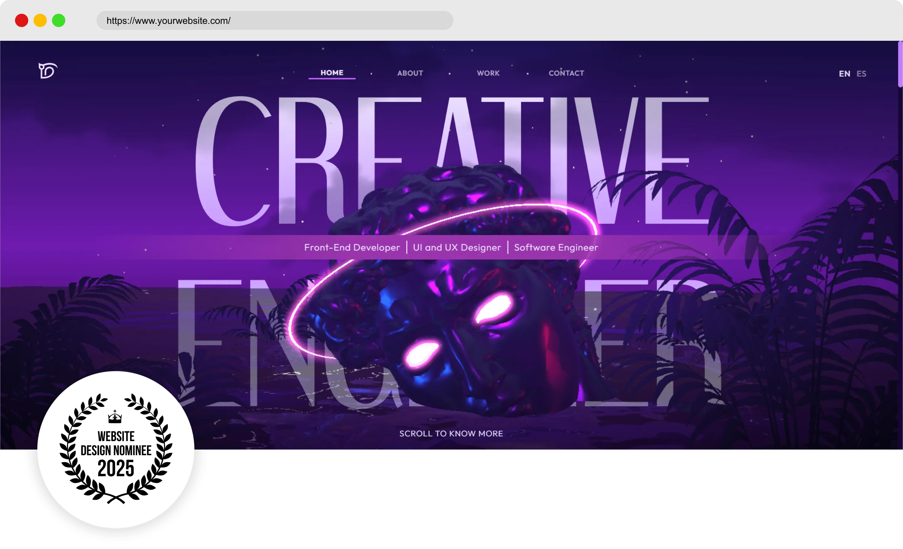 Amazing Best Website Designs of 2025: A Digital Revolution Creative web portfolio with glowing 3D sculpture and large-scale text introducing a digital professional.