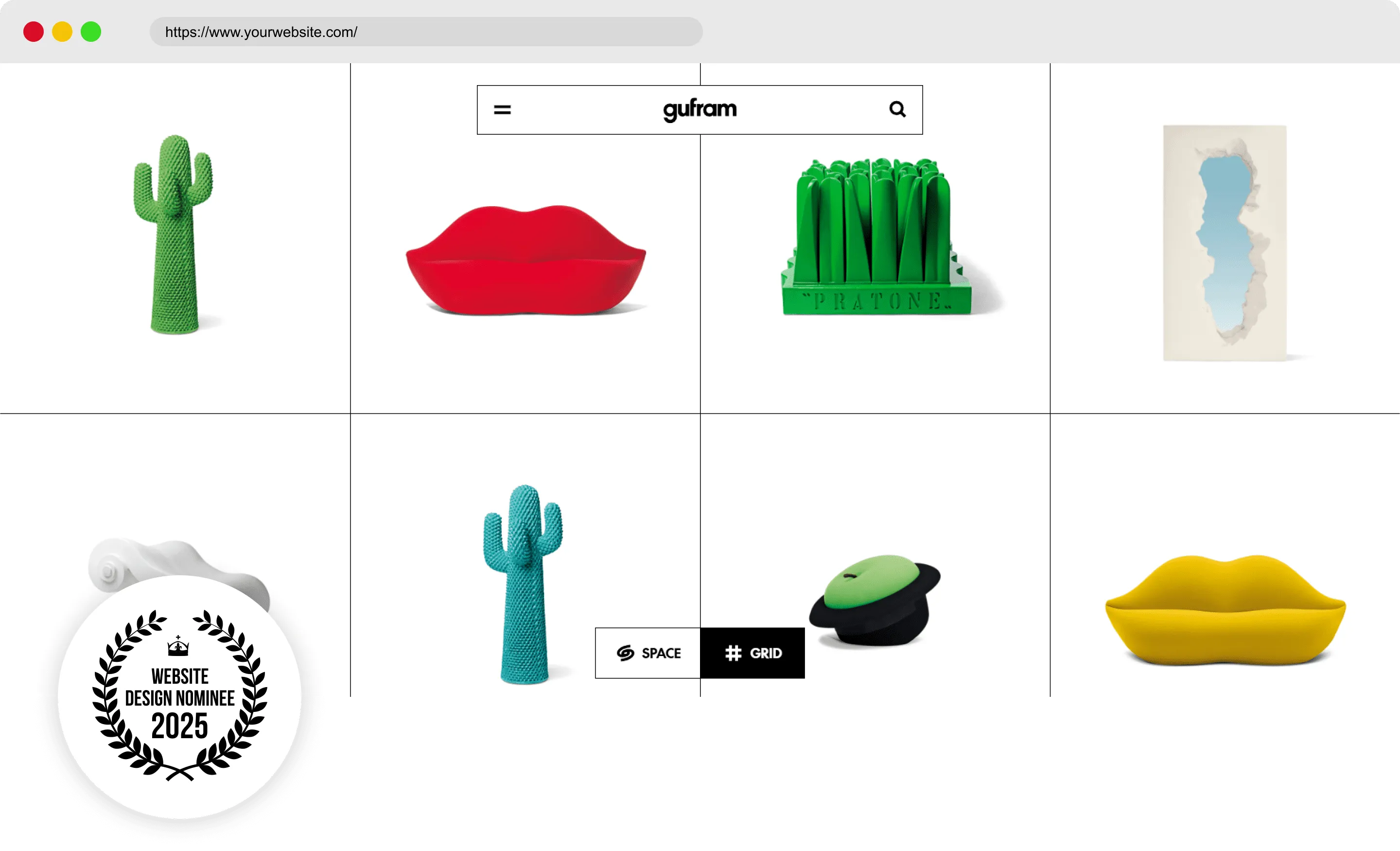 Amazing Best Website Designs of 2025: A Digital Revolution Homepage of Gufram featuring colorful and surreal modern furniture pieces displayed in a clean white grid.