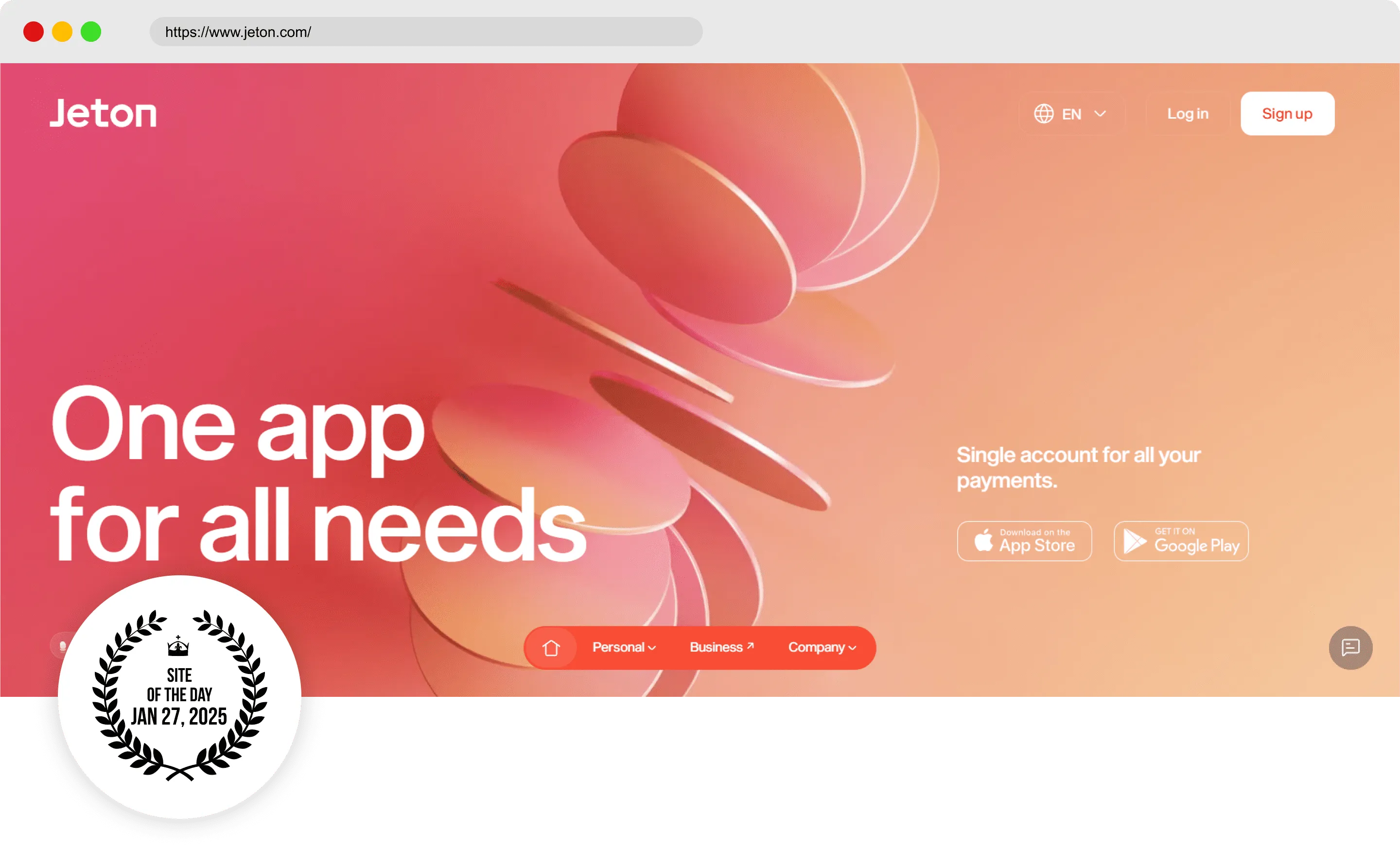 Amazing Best Website Designs of 2025: A Digital Revolution Homepage of Jeton app displaying minimalist design, floating 3D shapes, and tagline One app for all needs' on a warm gradient background.
