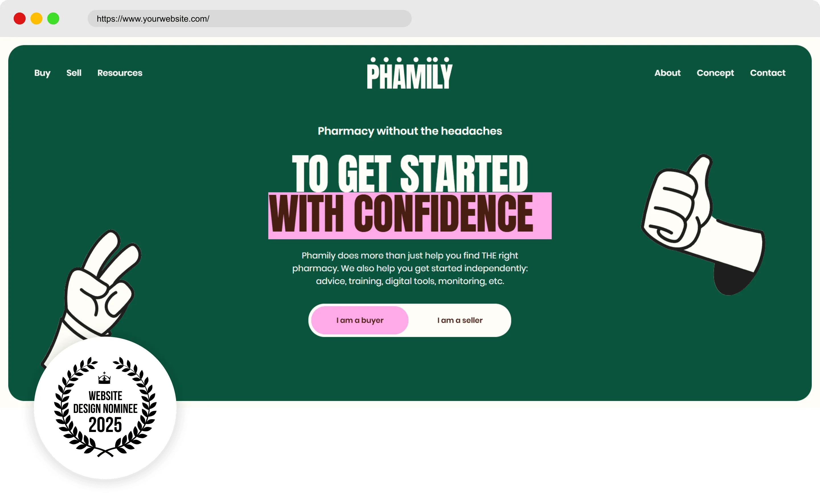Amazing Best Website Designs of 2025: A Digital Revolution Green-themed landing page for Phamily, a pharmacy platform offering tools and guidance for buyers and sellers.